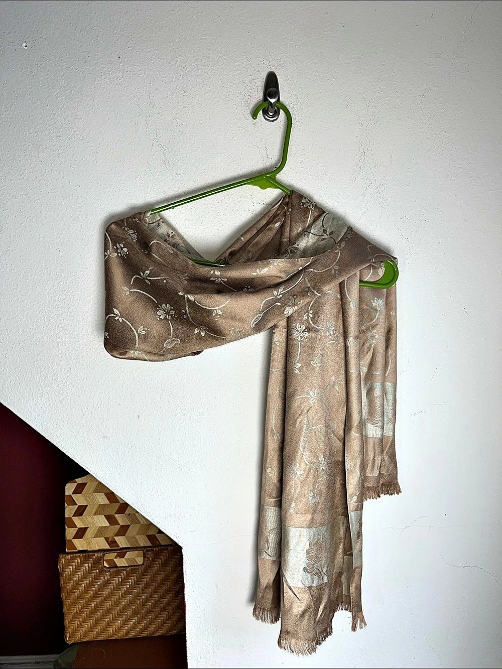 Silky Jaquard Floral Scarf in Brown & Cream